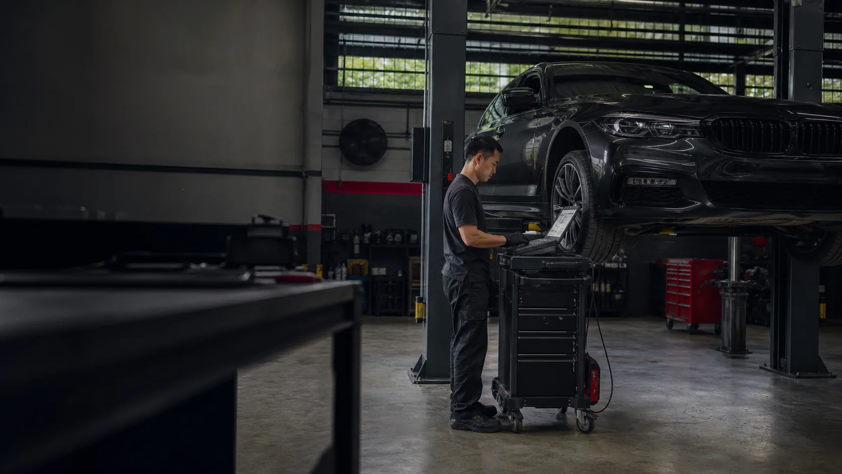 European vehicle undergoing specialist workshop inspection